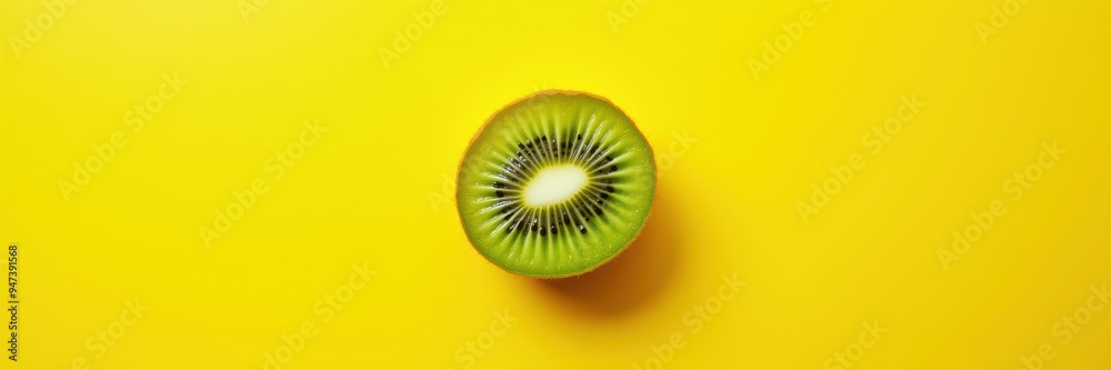 Vibrant kiwi slice atop a bright yellow background, perfect for fresh food, health marketing, and vibrant design projects. Vibrant kiwi slice atop a bright yellow background, perfect for fresh food, health marketing, and vibrant design projects.