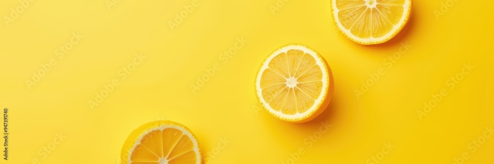 Bright and vibrant lemon slices on a vivid yellow background, perfect for summer-themed designs, food advertising, or health and wellness promotions. Bright and vibrant lemon slices on a vivid yellow background, perfect for summer-themed designs, food advertising, or health and wellness promotions.