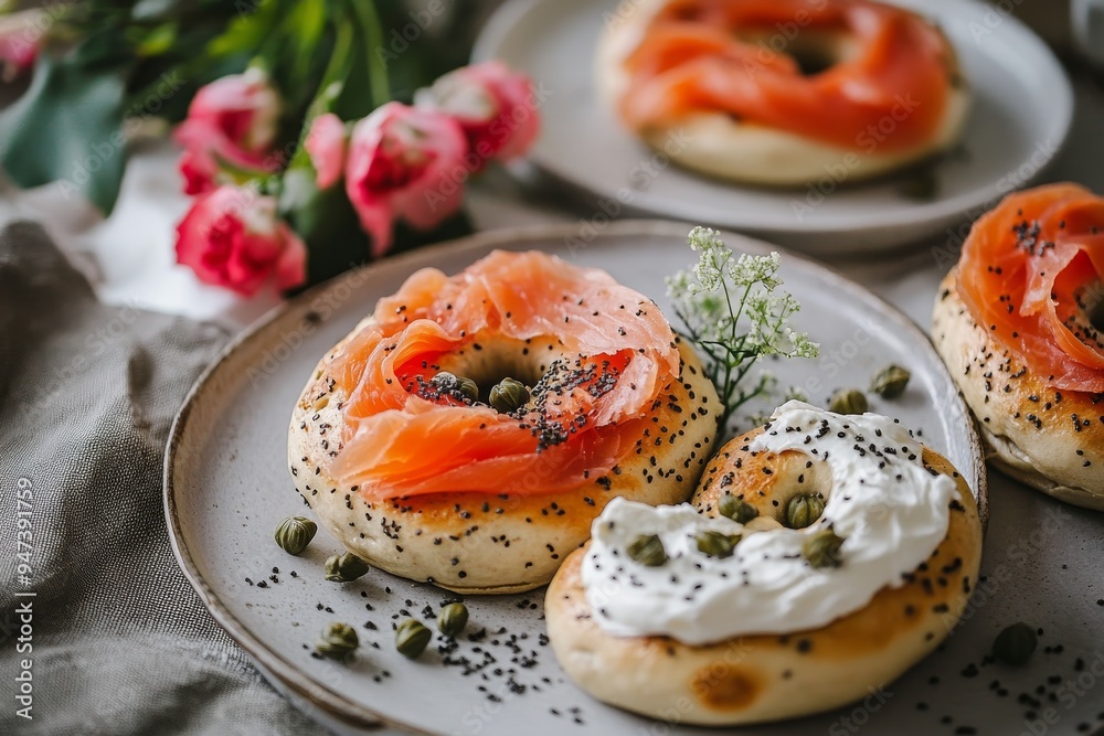 Freshly baked bagels with cream cheese, smoked salmon, and capers, presented on a beautifully set table with fresh flowers and soft light, capturing the elegance of a per Freshly baked bagels with cream cheese, smoked salmon, and capers, presented on a beautifully set table with fresh flowers and soft light, capturing the elegance of a per