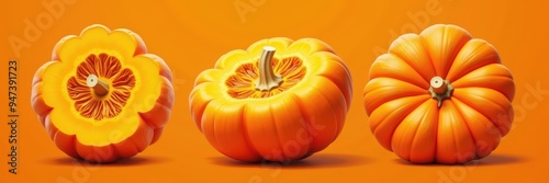 Vibrant pumpkins displayed against a solid orange background, showcasing their textures and colors. Perfect for autumn, Halloween, or culinary projects. photo