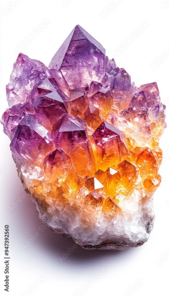 Fototapeta premium Vibrant amethyst crystal cluster showcasing stunning hues of purple and orange, perfect for decor and natural beauty enthusiasts.