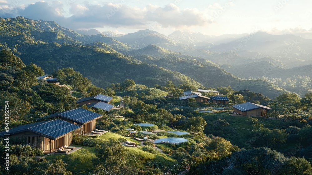 Fototapeta premium Sustainable Eco Friendly Village with Solar Panels and Mountain View