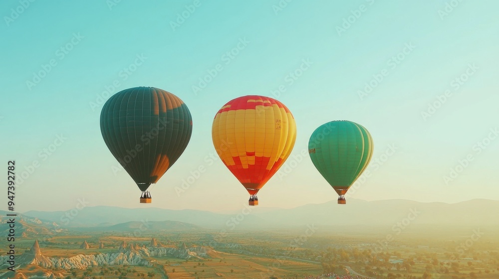 Fototapeta premium Colorful hot air balloons floating gracefully in a clear sky during sunrise, offering a picturesque aerial view of the landscape.