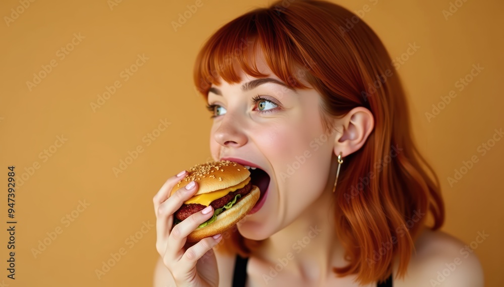A cheerful young woman eagerly bites into a delicious burger, embodying enjoyment and satisfaction against a warm backdrop. A cheerful young woman eagerly bites into a delicious burger, embodying enjoyment and satisfaction against a warm backdrop.