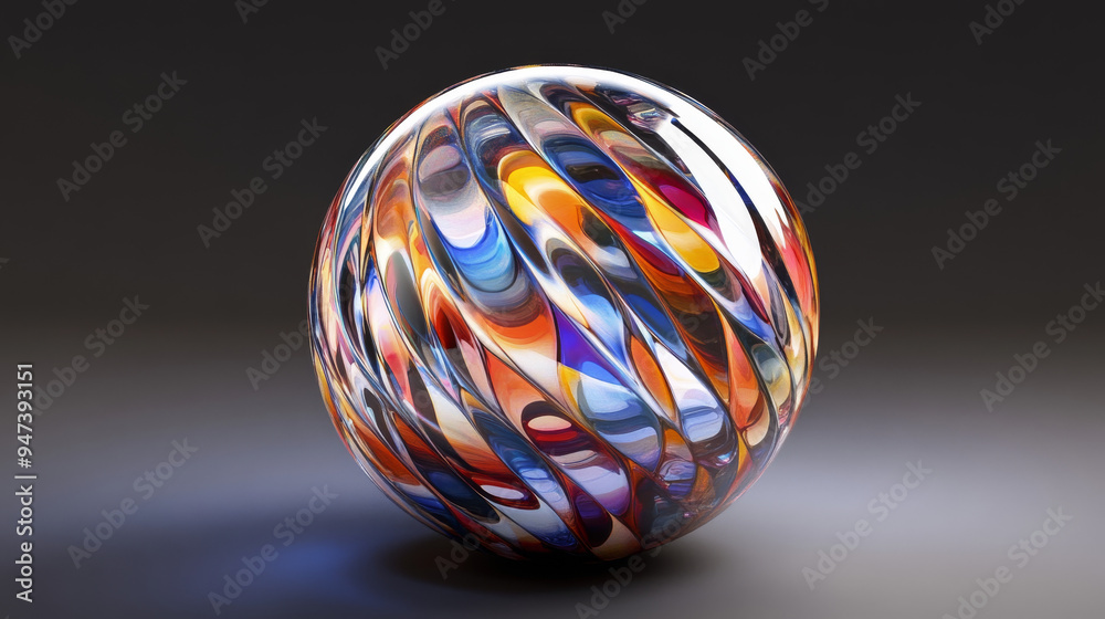 3D rendering of a glass sphere adorned with a vibrant, multi-colored pattern. 3D rendering of a glass sphere adorned with a vibrant, multi-colored pattern.