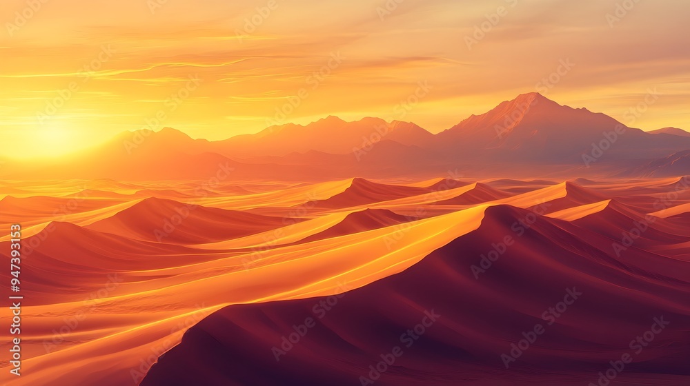 Naklejka premium Serene Sunset Over Sweeping Desert Landscape with Distant Mountains