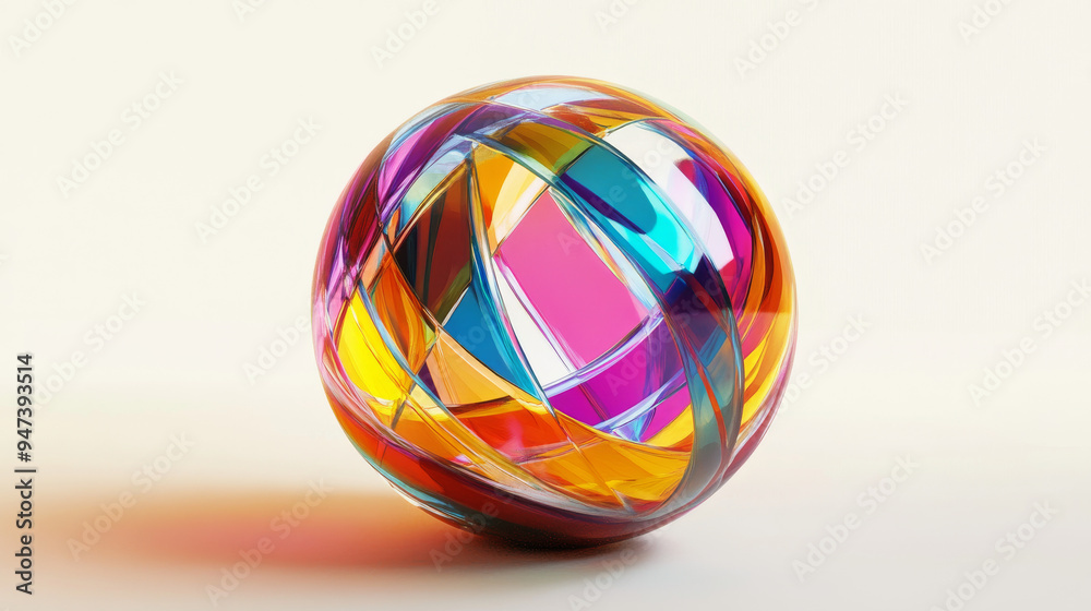 3D rendering of a glass sphere adorned with a vibrant, multi-colored pattern.