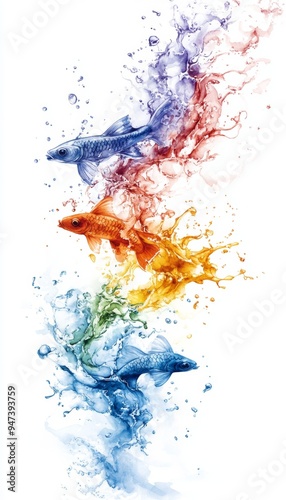 Vibrant fish swimming through colorful splashes of water, creating a dynamic blend of hues and motion.