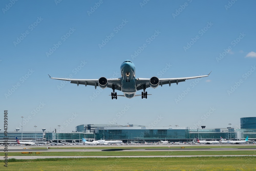 A modern airplane taking off from an international airport, with bustling activity in the foreground and a clear sky overhead, symbolizing global connections and travel A modern airplane taking off from an international airport, with bustling activity in the foreground and a clear sky overhead, symbolizing global connections and travel