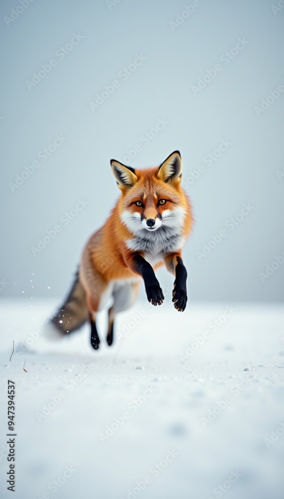 Obraz premium A vibrant red fox leaps through a snowy landscape, showcasing its agility and beauty in a serene winter setting.