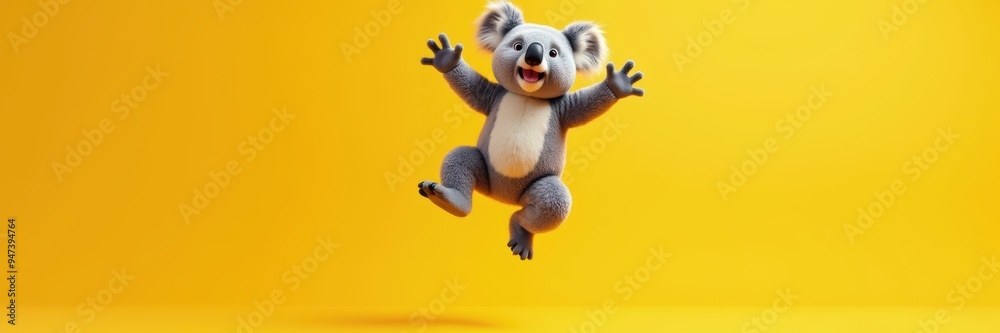 Playful 3D koala character jumping against a vibrant yellow background, perfect for children's products, advertising, or cheerful branding. Playful 3D koala character jumping against a vibrant yellow background, perfect for children's products, advertising, or cheerful branding.