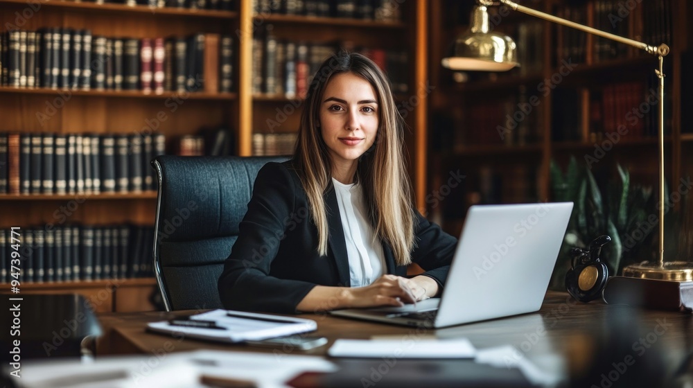 Young Woman Working on Laptop in Library Setting Young Woman Working on Laptop in Library Setting