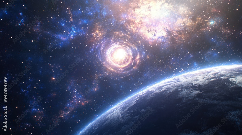 3D cartoon representation of a planet s stars and galaxy in open space 3D cartoon representation of a planet s stars and galaxy in open space