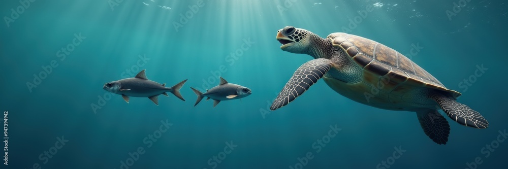 Obraz premium A serene underwater scene featuring a sea turtle gracefully swimming alongside two sharks, highlighting the beauty and diversity of marine life.