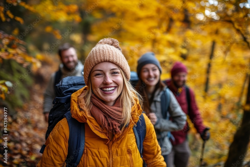 A group of friends hiking through a vibrant autumn forest, with laughter and smiles all around, symbolizing the shared happiness of exploring nature together A group of friends hiking through a vibrant autumn forest, with laughter and smiles all around, symbolizing the shared happiness of exploring nature together