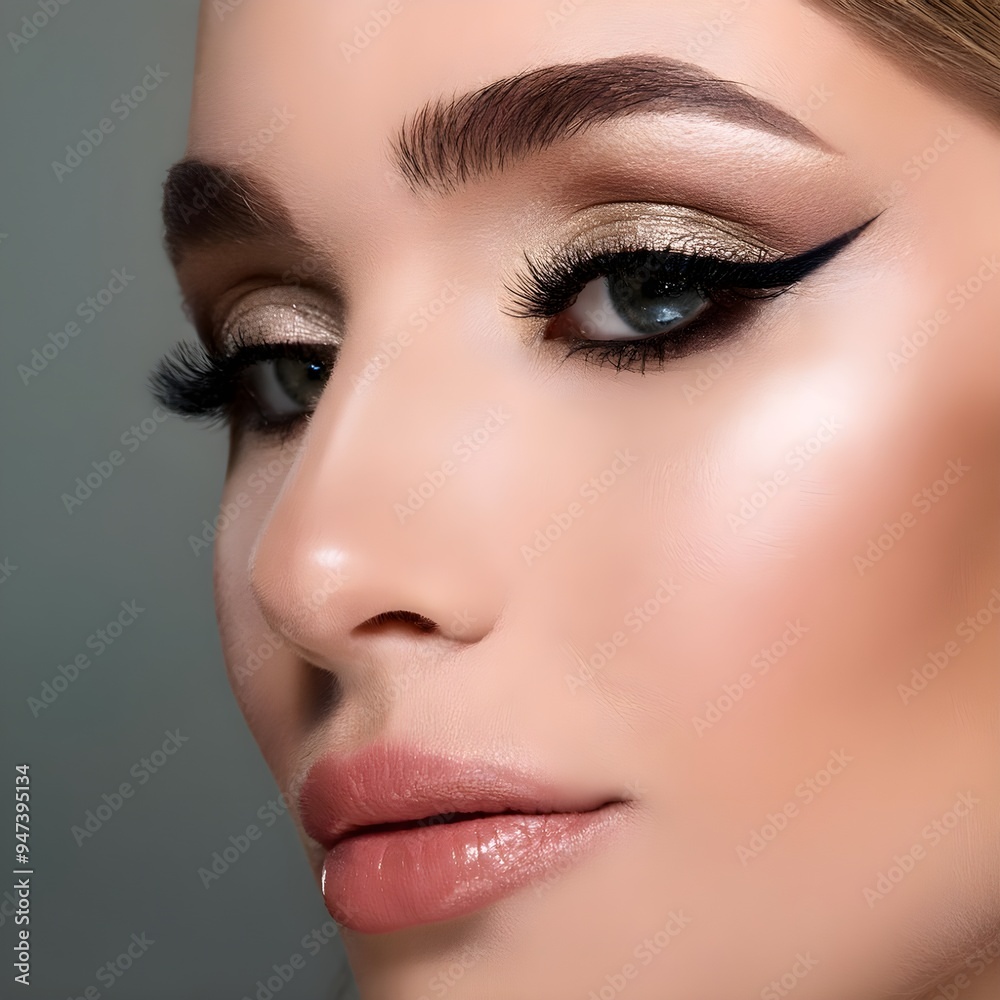 2) Create a close-up of a model with elegant winged eyeliner and dramatic eye makeup 2) Create a close-up of a model with elegant winged eyeliner and dramatic eye makeup