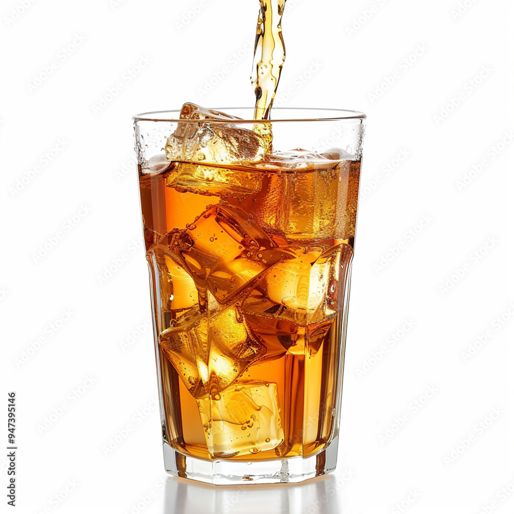 A tall glass of iced tea filled with ice cubes A tall glass of iced tea filled with ice cubes
