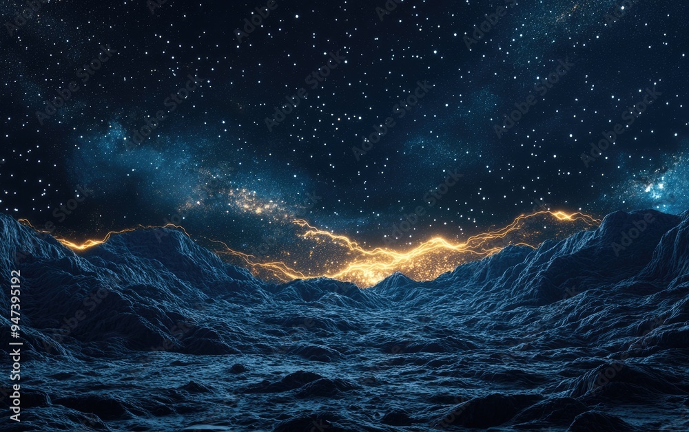 Fototapeta premium Cartoon rendering in 3D of a dark night sky filled with the Milky Way and stars against a dark background