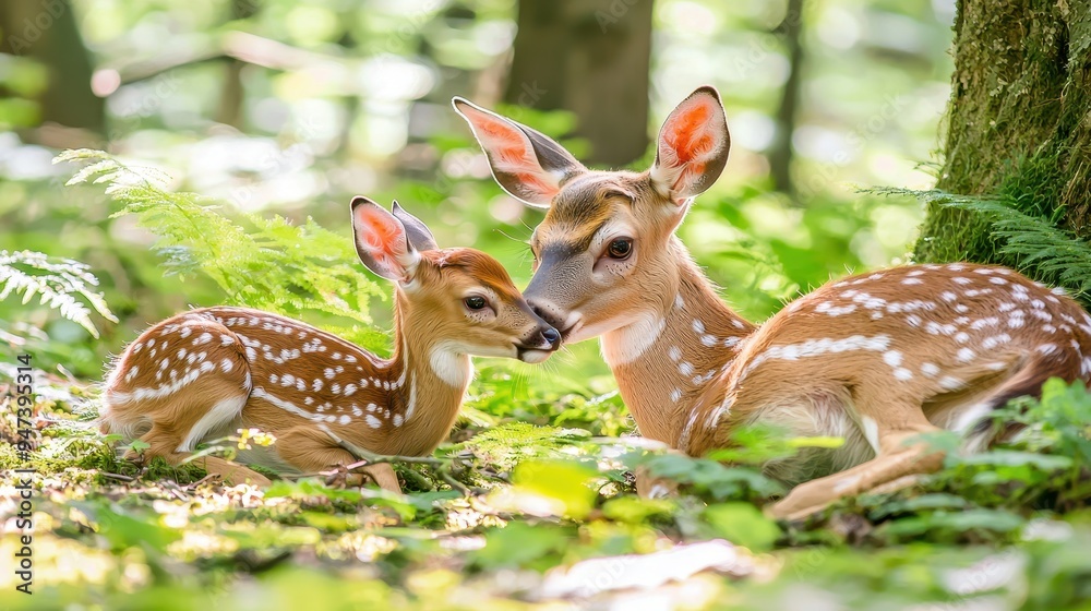 White Tailed Deer Fawn and Doe in Forest White Tailed Deer Fawn and Doe in Forest