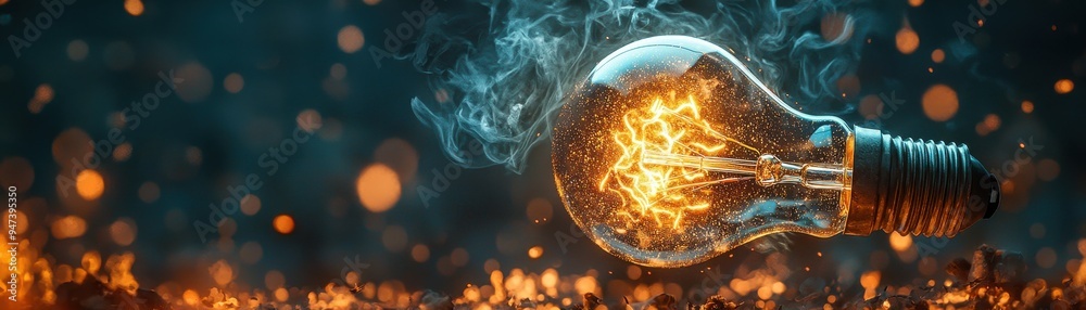 A glowing light bulb emits sparks and smoke, symbolizing creativity and innovation in a vibrant atmosphere. A glowing light bulb emits sparks and smoke, symbolizing creativity and innovation in a vibrant atmosphere.