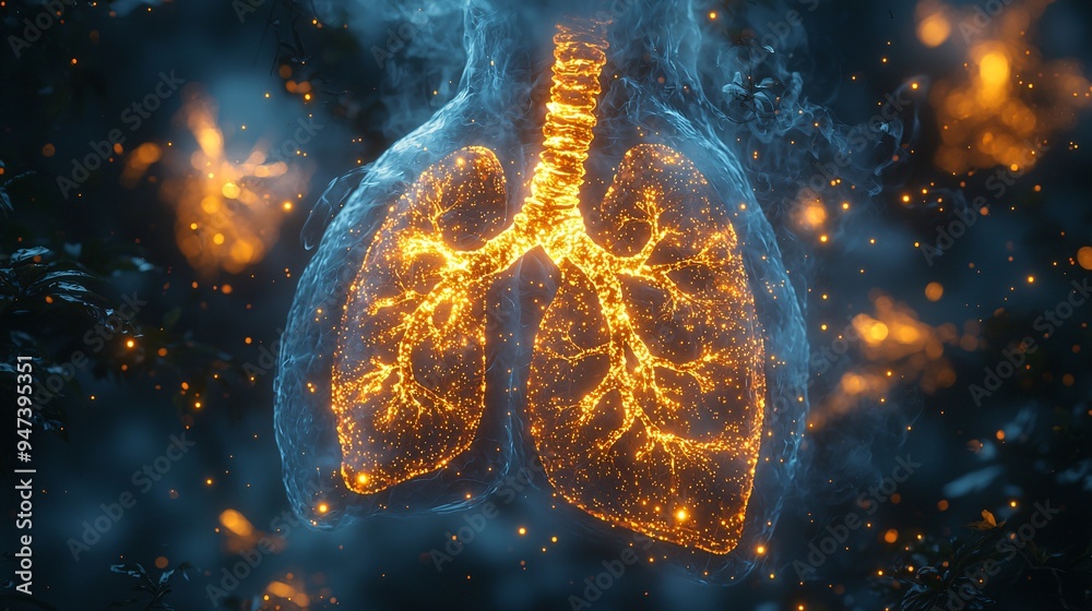 A lung surrounded by floating particles of dust and pollen, with glowing lines representing the body's immune response. A lung surrounded by floating particles of dust and pollen, with glowing lines representing the body's immune response.