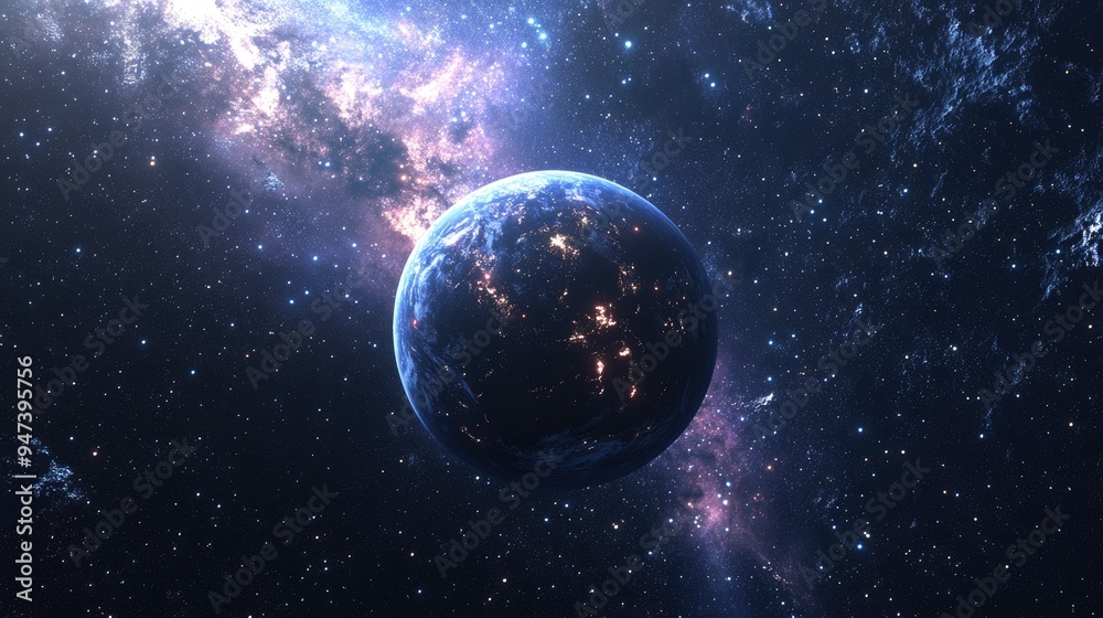3D cartoon representation of a planet s stars and galaxy in open space 3D cartoon representation of a planet s stars and galaxy in open space