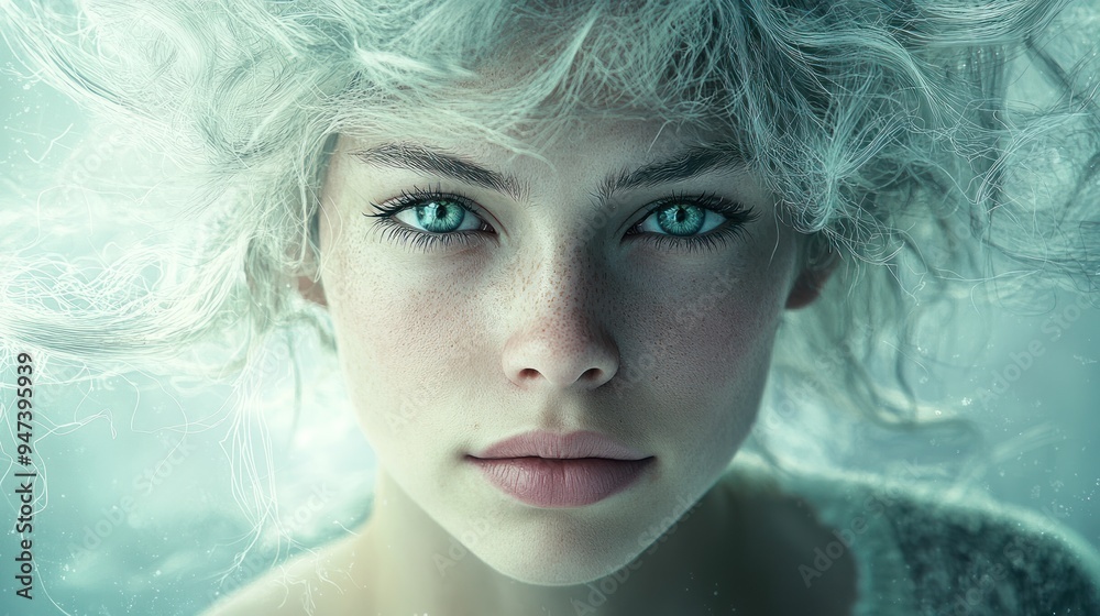 Portrait of a Young Woman with Green Eyes and Long, Flowing Hair Portrait of a Young Woman with Green Eyes and Long, Flowing Hair