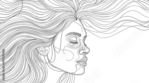 An elegant line art portrait of a lady with her hair gently flowing, using thin, continuous lines to depict her calm and thoughtful expression on a simple background. 8k UHD, suitable for high-quality photo