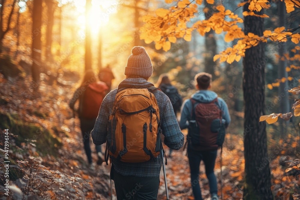 A group of friends hiking through a forest in the fall, with vibrant leaves and crisp air, capturing the beauty and shared adventure of exploring nature together A group of friends hiking through a forest in the fall, with vibrant leaves and crisp air, capturing the beauty and shared adventure of exploring nature together