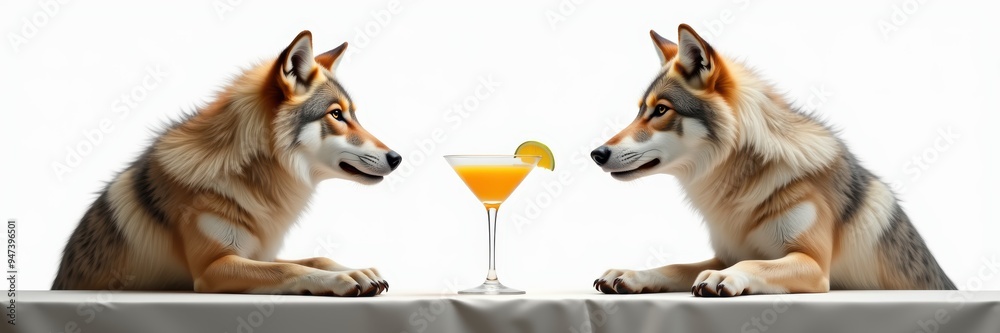 Obraz premium Two wolves sitting at a table, each gazing at a tropical cocktail, creating a whimsical and playful atmosphere perfect for advertising and creative projects.