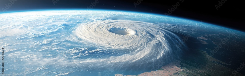 Fototapeta premium Extremely detailed and realistic high resolution 3D cartoon rendering of a hurricane impacting a coastal area captured from space