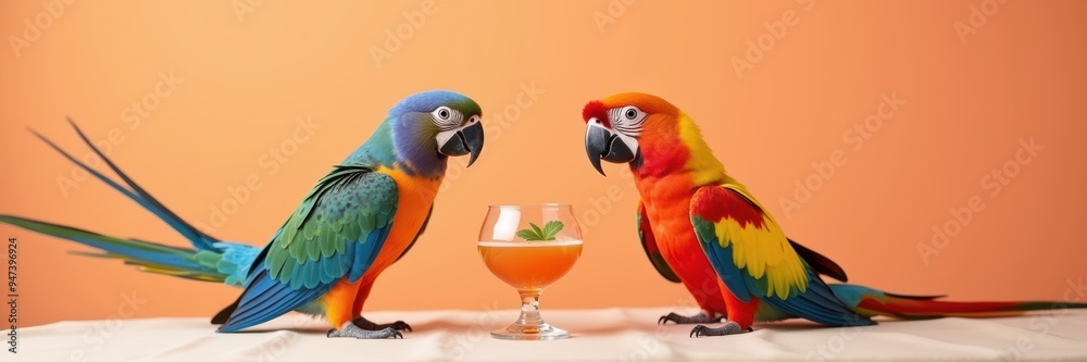 Fototapeta premium Two colorful parrots sitting at a table with a tropical drink, bringing a lively and vibrant ambiance to any project.