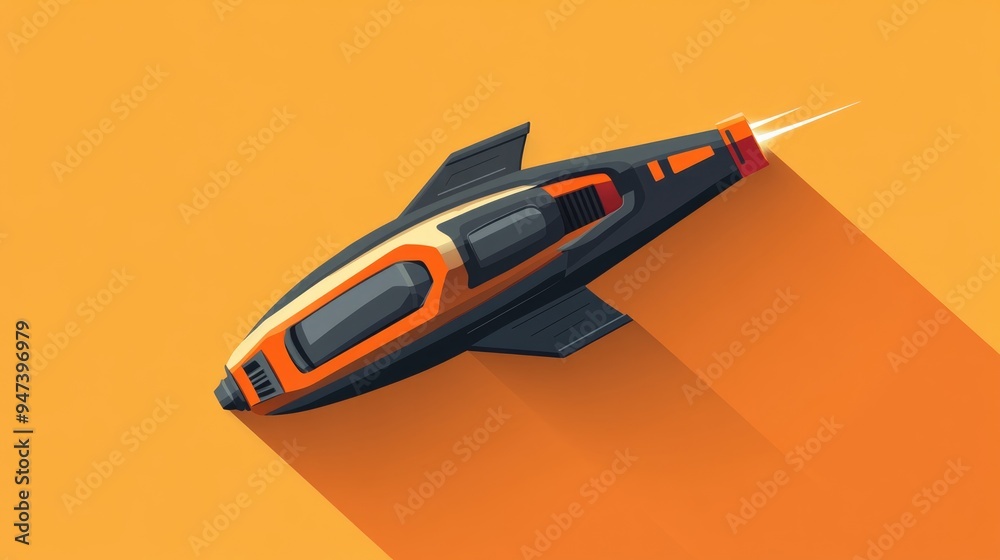 Flat icon of a spaceship in 3D cartoon rendering with a long shadow outlined design Flat icon of a spaceship in 3D cartoon rendering with a long shadow outlined design