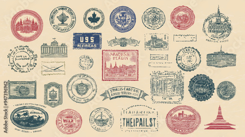 Postage and postal stamps featuring various international imprints. Includes vector ink stamps or letter marks from cities and regions such as France, USA, Germany, Italy, Poland, Spain, and Canada. photo