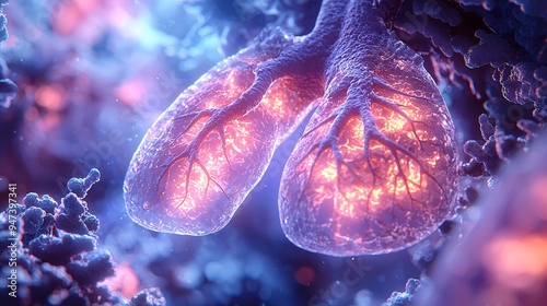 A cross-sectional view of lungs, highlighting the exchange of oxygen and carbon dioxide between alveoli and capillaries.