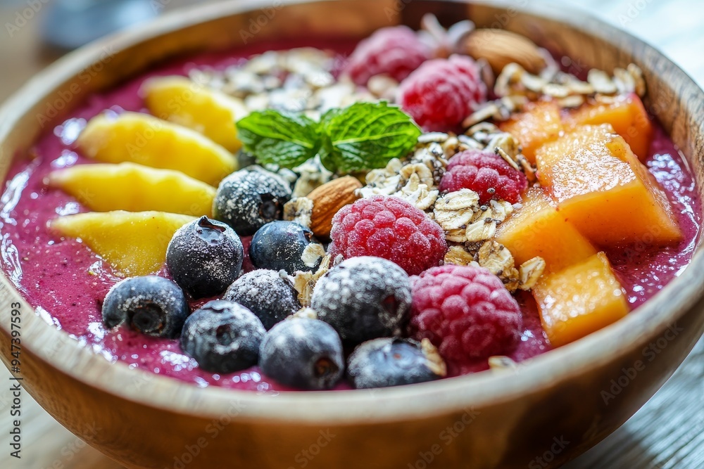 a smoothie bowl filled with fresh fruits, nuts, and seeds, capturing the vibrant and nourishing elements of a health-focused lifestyle a smoothie bowl filled with fresh fruits, nuts, and seeds, capturing the vibrant and nourishing elements of a health-focused lifestyle