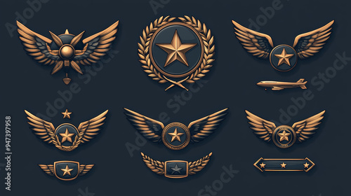Army Air Forces badges and airborne unit insignia featuring winged chevrons, plane propellers, jet fighter aircraft, airplane yokes, wings, stars, and colonel symbols. Includes a set of military enlis