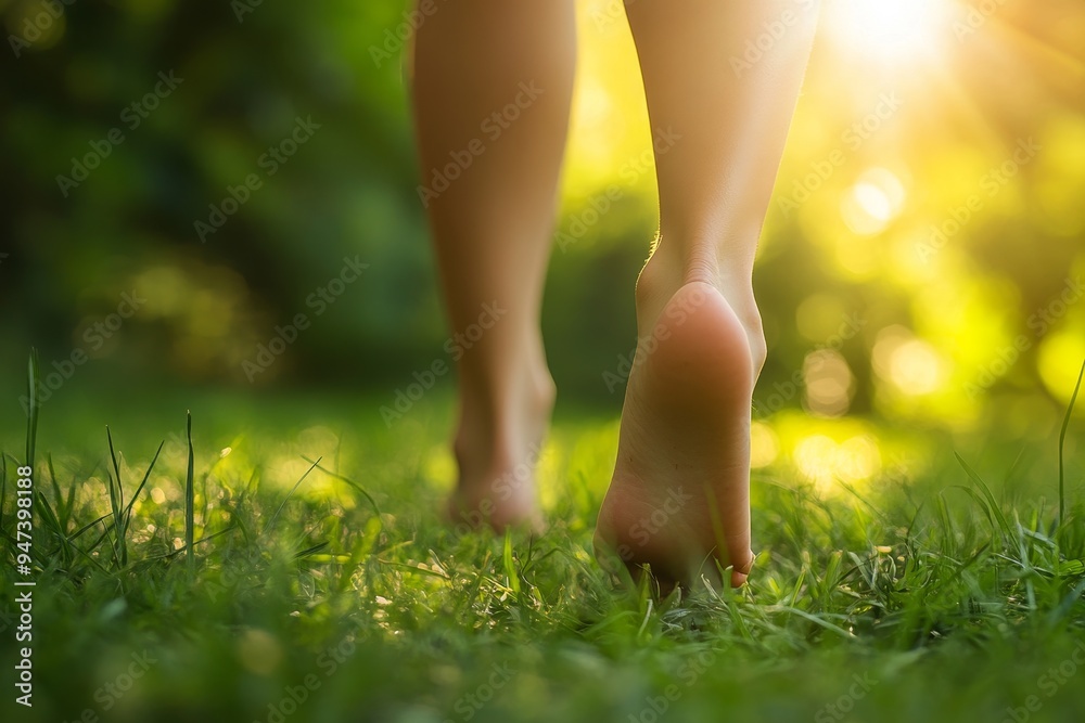 A close-up of feet walking barefoot on the grass, with sunlight and nature all around, symbolizing the grounding and healing effects of connecting with nature A close-up of feet walking barefoot on the grass, with sunlight and nature all around, symbolizing the grounding and healing effects of connecting with nature