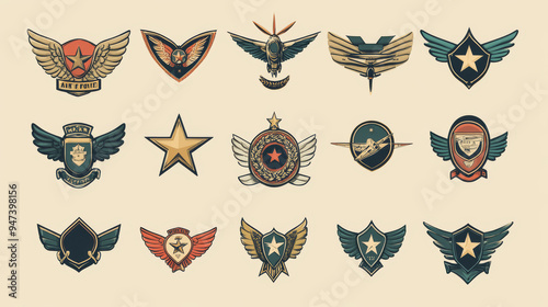 Army Air Forces badges and airborne unit insignia featuring winged chevrons, plane propellers, jet fighter aircraft, airplane yokes, wings, stars, and colonel symbols. Includes a set of military enlis photo