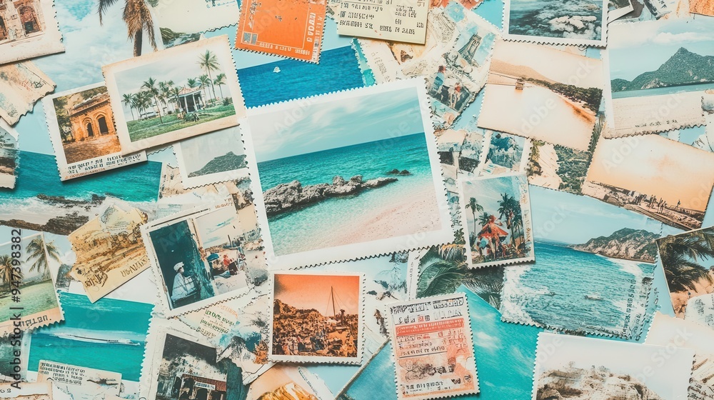 Naklejka premium A collage of travel souvenirs, including postcards, tickets, and photos from exotic places, collage, travel, souvenirs