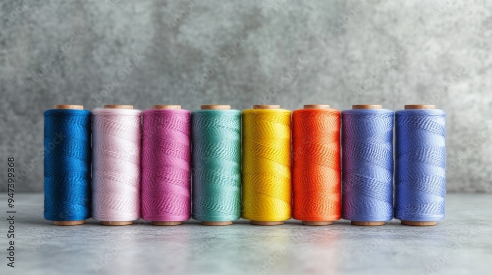 A colorful arrangement of sewing thread spools in various colors lined up against a soft,neutral background,symbolizing organization and preparation in a sewing and design workshop A colorful arrangement of sewing thread spools in various colors lined up against a soft,neutral background,symbolizing organization and preparation in a sewing and design workshop