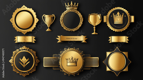 Gold badges and labels, vector design for business. Includes premium quality guarantee certificates, best choice product and seller awards, 3D stamps, medals, ribbon rosettes with golden royal crowns,