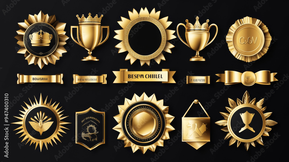 Gold badges and labels, vector design for business. Includes premium quality guarantee certificates, best choice product and seller awards, 3D stamps, medals, ribbon rosettes with golden royal crowns, Gold badges and labels, vector design for business. Includes premium quality guarantee certificates, best choice product and seller awards, 3D stamps, medals, ribbon rosettes with golden royal crowns,