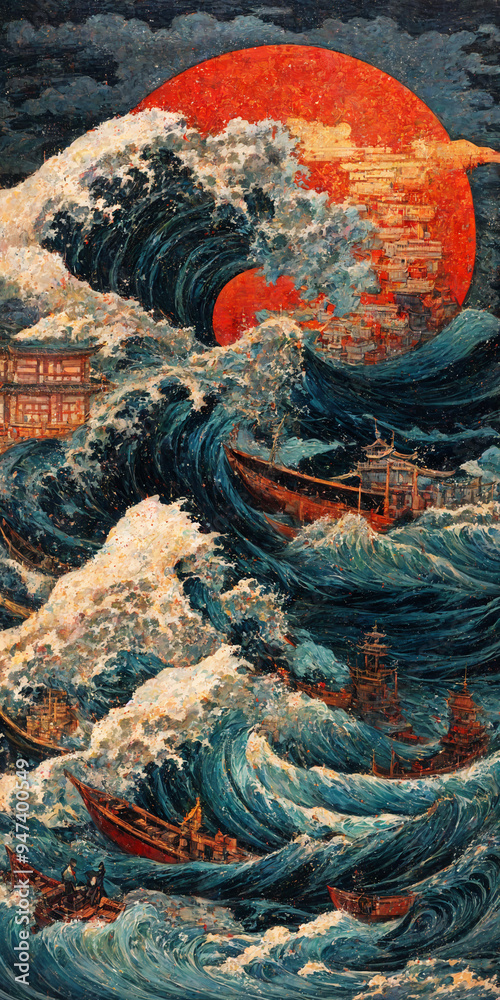 Obraz premium Japanese painting depicting a very turbulent sea with large waves