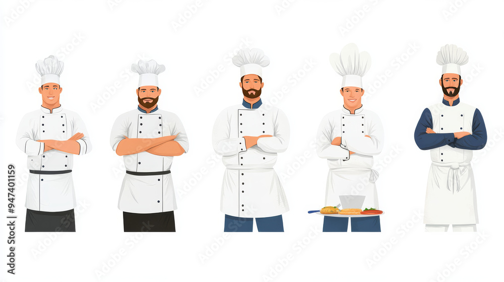 A collection of diverse restaurant chefs in various uniforms, perfect for menu designs, branding, or other culinary-related projects. Each chef is depicted in a unique pose, adding character and charm A collection of diverse restaurant chefs in various uniforms, perfect for menu designs, branding, or other culinary-related projects. Each chef is depicted in a unique pose, adding character and charm