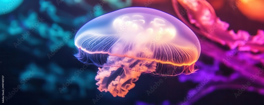 A glowing jellyfish floating in a sea of vibrant, bright colors, vibrant, jellyfish, neon A glowing jellyfish floating in a sea of vibrant, bright colors, vibrant, jellyfish, neon