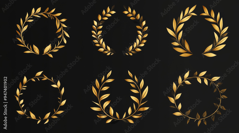 A set of elegant gold and black laurel wreaths, ideal for use as logo templates or decorative elements in various designs. These laurel wreaths exude a sense of prestige and sophistication.