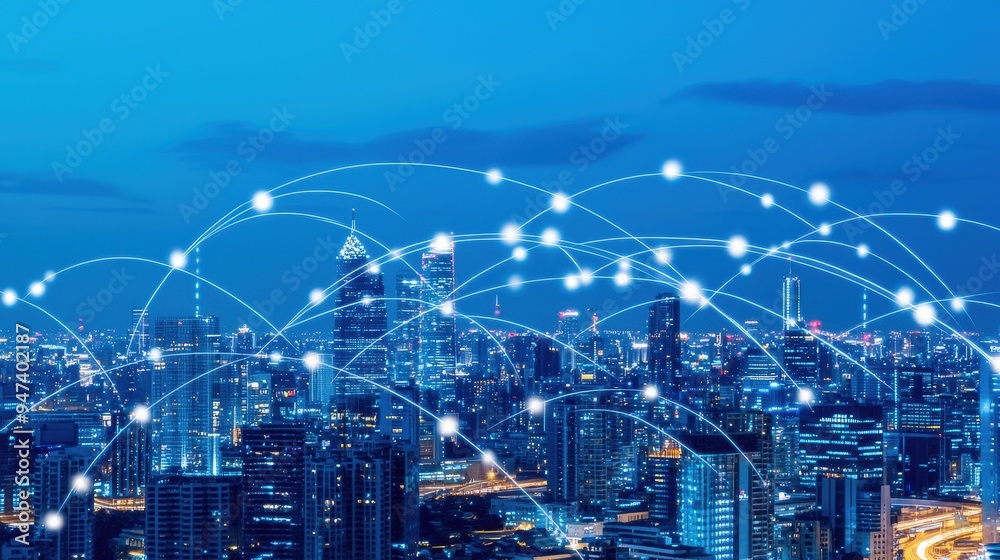 Naklejka premium Night Cityscape with Network Connection Lines