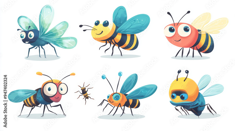 Cartoon characters of various insects, including bees, bugs, butterflies, caterpillars, flies, ladybugs, spiders, mosquitoes, wasps, ants, bumblebees, dragonflies, and hornets. Colorful and humorous. Cartoon characters of various insects, including bees, bugs, butterflies, caterpillars, flies, ladybugs, spiders, mosquitoes, wasps, ants, bumblebees, dragonflies, and hornets. Colorful and humorous.