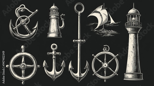 A collection of nautical or naval icons featuring classic maritime symbols, including an anchor, ship wheel, crossed tridents, lighthouse, bell, compass, and spyglass. These icons are perfect for use  photo